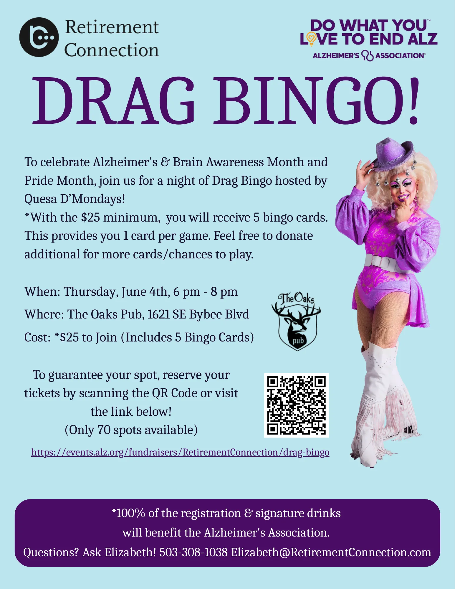 Drag Bingo event flyer -- June 4th at The Oaks Pub